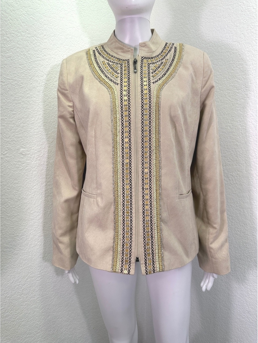 Women’s Sz 12 TanJay Beige Faux Suede Beaded Sequins Full Zip Lightweight Jacket